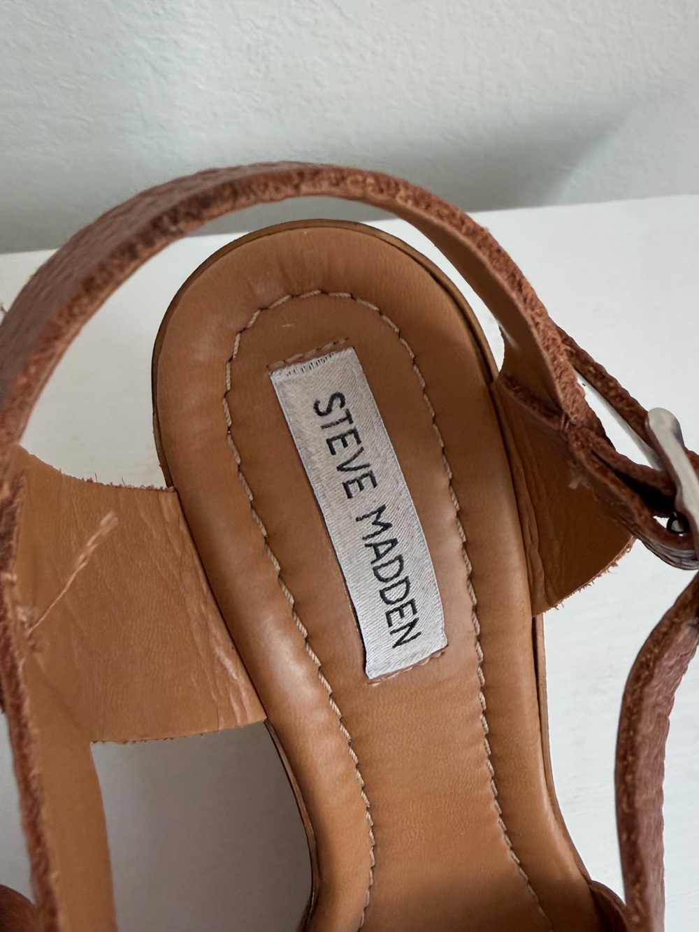 Steve Madden Tan Leather Platform Wedge Sandals - Picture 5 of 6